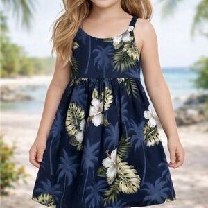 Pacific Legend‎ Hawaiian Dress Sundress Girls 5-6 Navy Tropical Floral Tie Back
